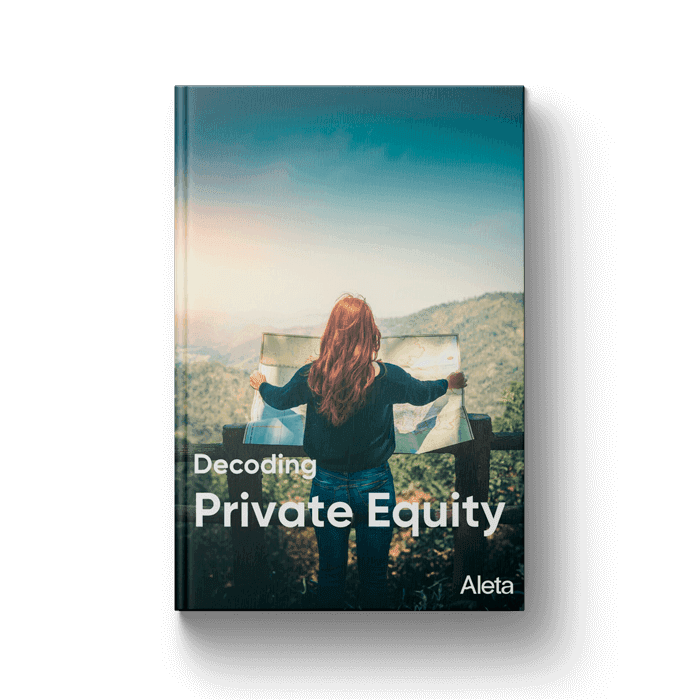 Cover of Aleta's eBook Decoding Private Equity, showing a woman reading a map on a mountain overlook.